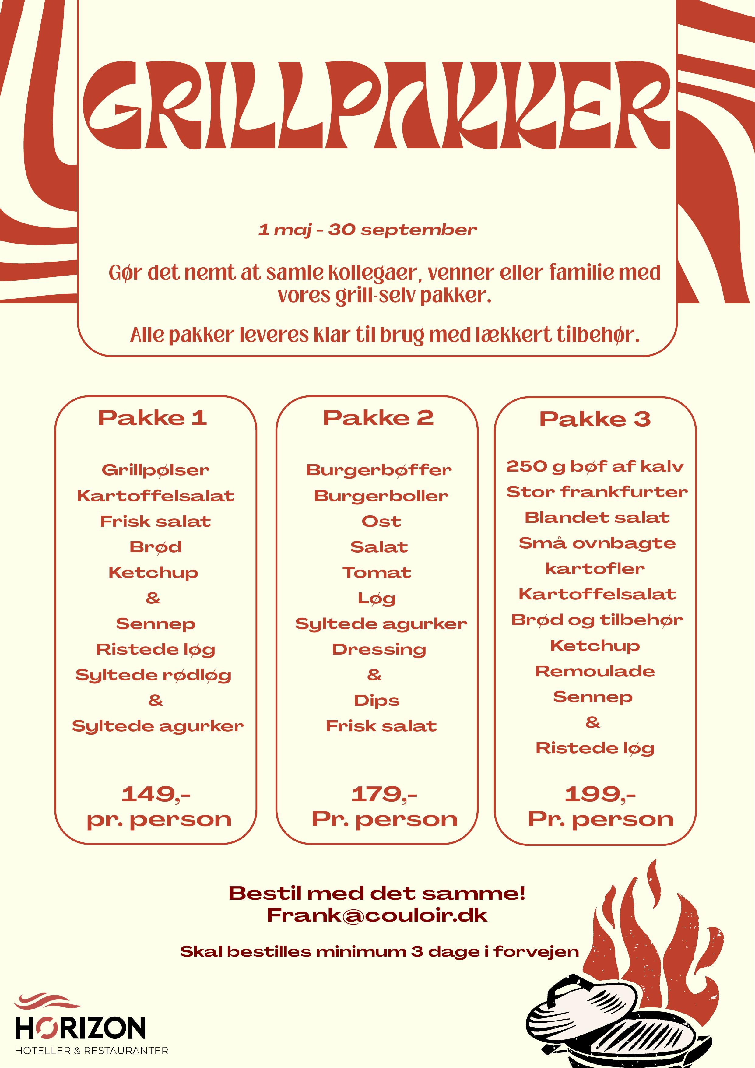 Flyer med Orø Kro & Hotels tre grillpakker